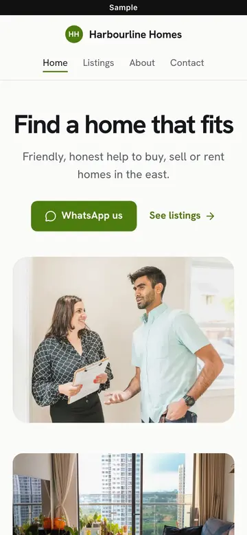 Sample Clean website for a property agency, on a phone