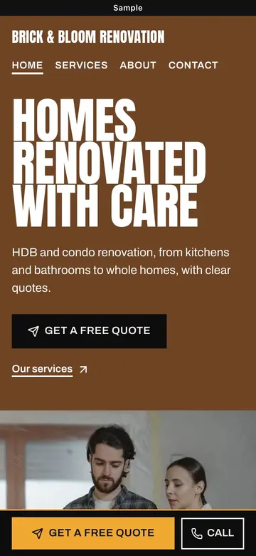 Sample Bold website for a renovation business, on a phone